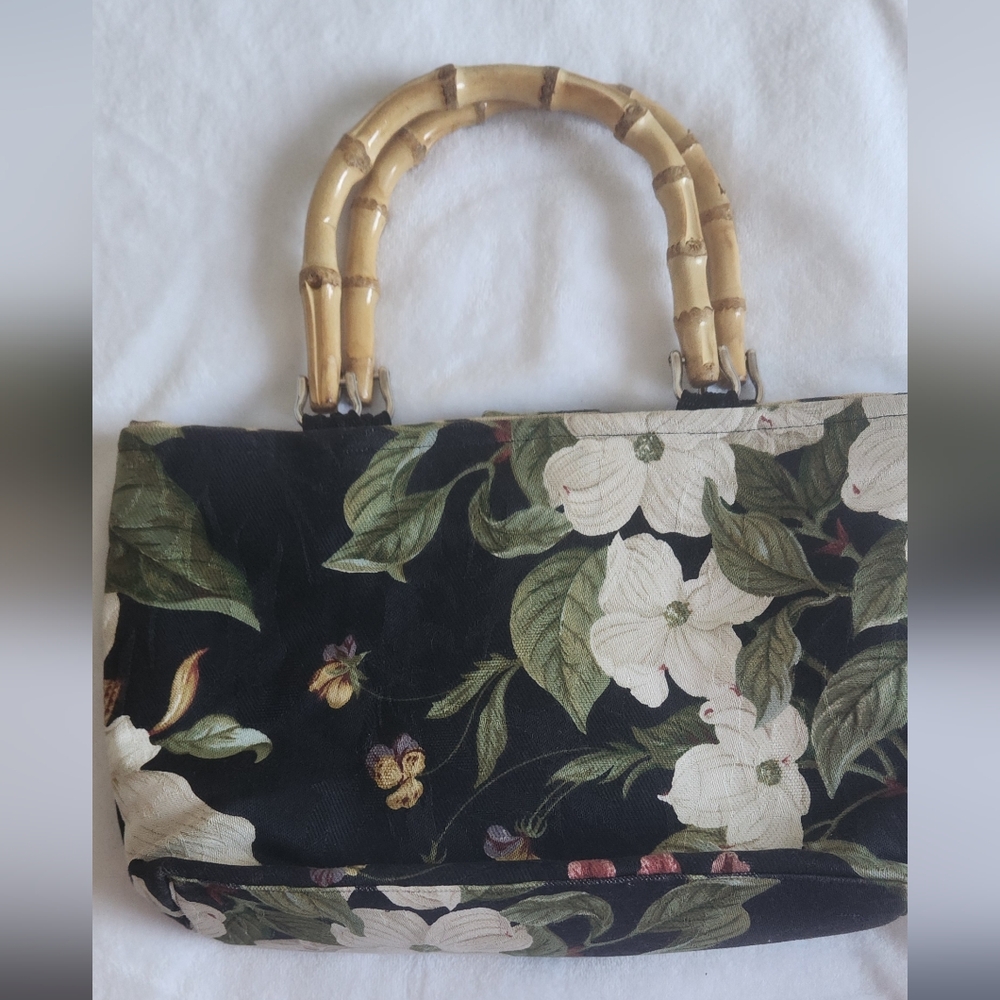 Floral Black Bag with Bamboo Handles